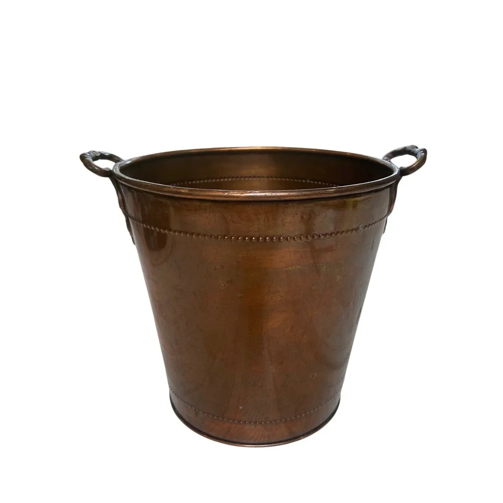 Vintage Solid Copper Bucket Wine Chiller Planter Beaded Trim Shell Handles 9